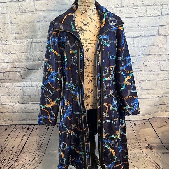 Samuel Dong Navy and Gold Patterned Trench Coat Size Small Double Zipper - Picture 8 of 12